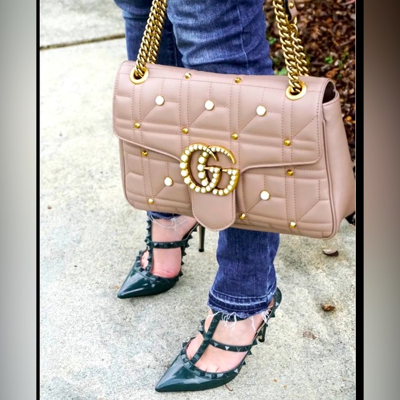 Gucci Pearly GG Marmont Flap Bag Embellished Matelasse Leather Small - Picture 4 of 14